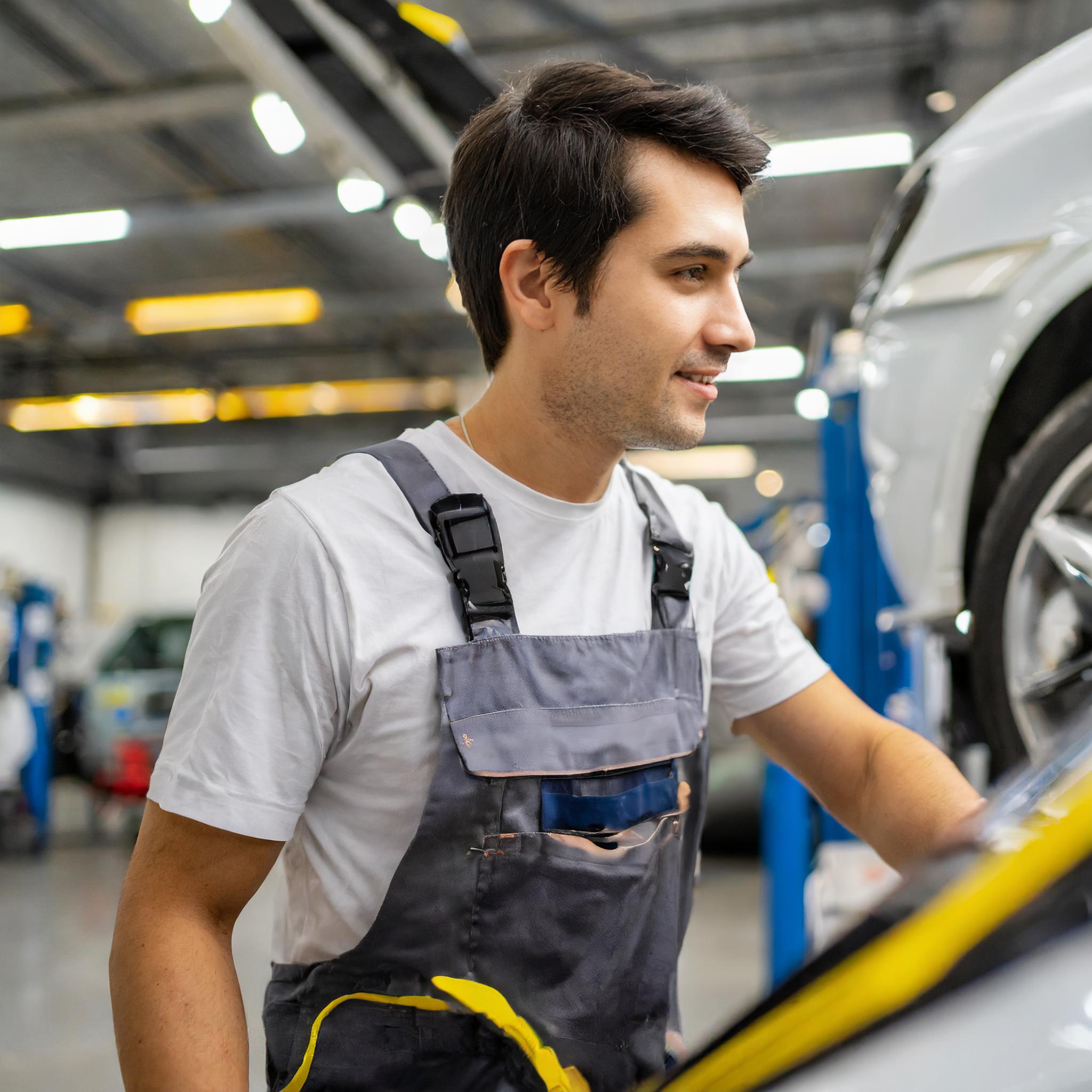 Modernes Fahrzeugprüfzentrum mit Diagnosegeräten und Fachpersonal