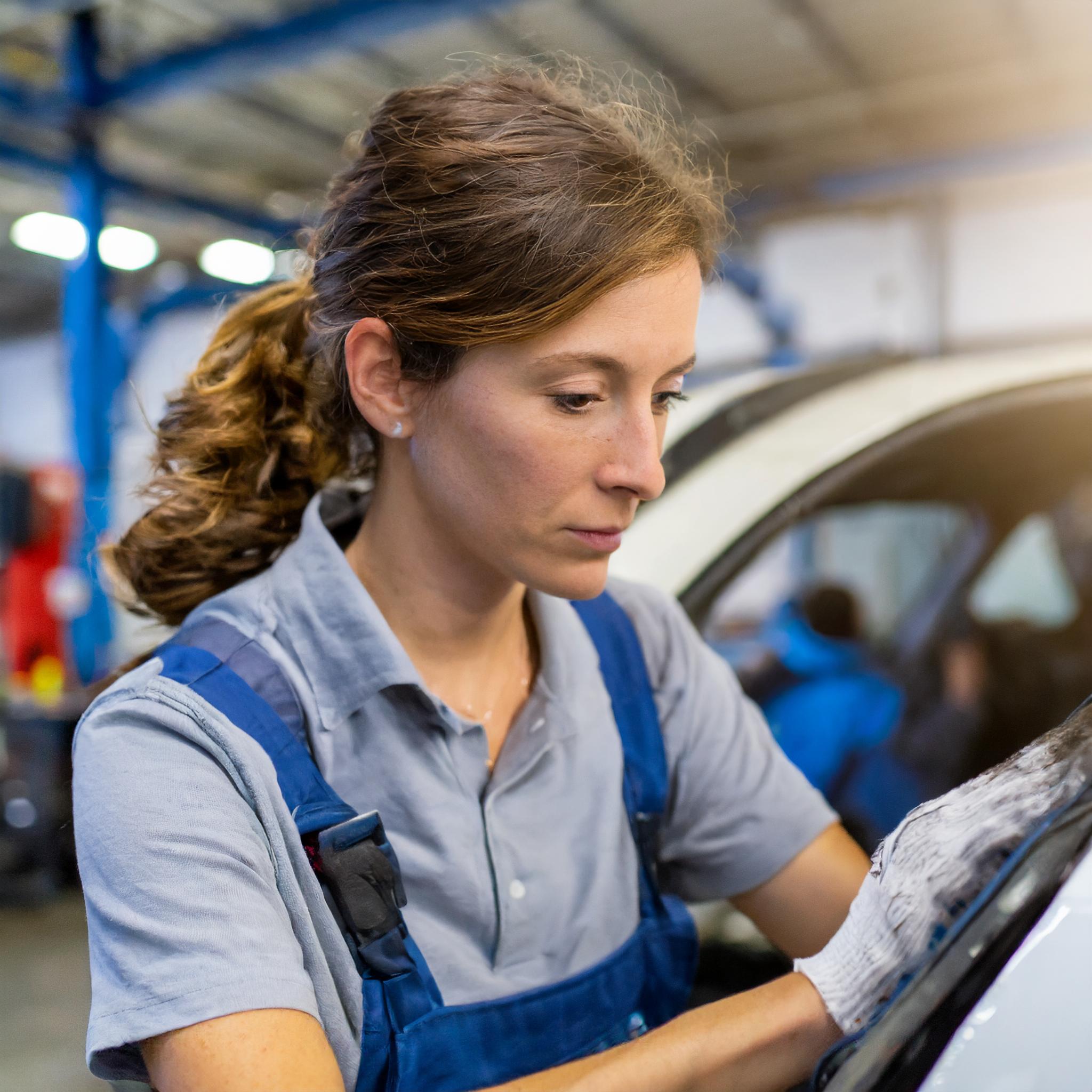 Team in der Garage bei der Fahrzeugprüfung