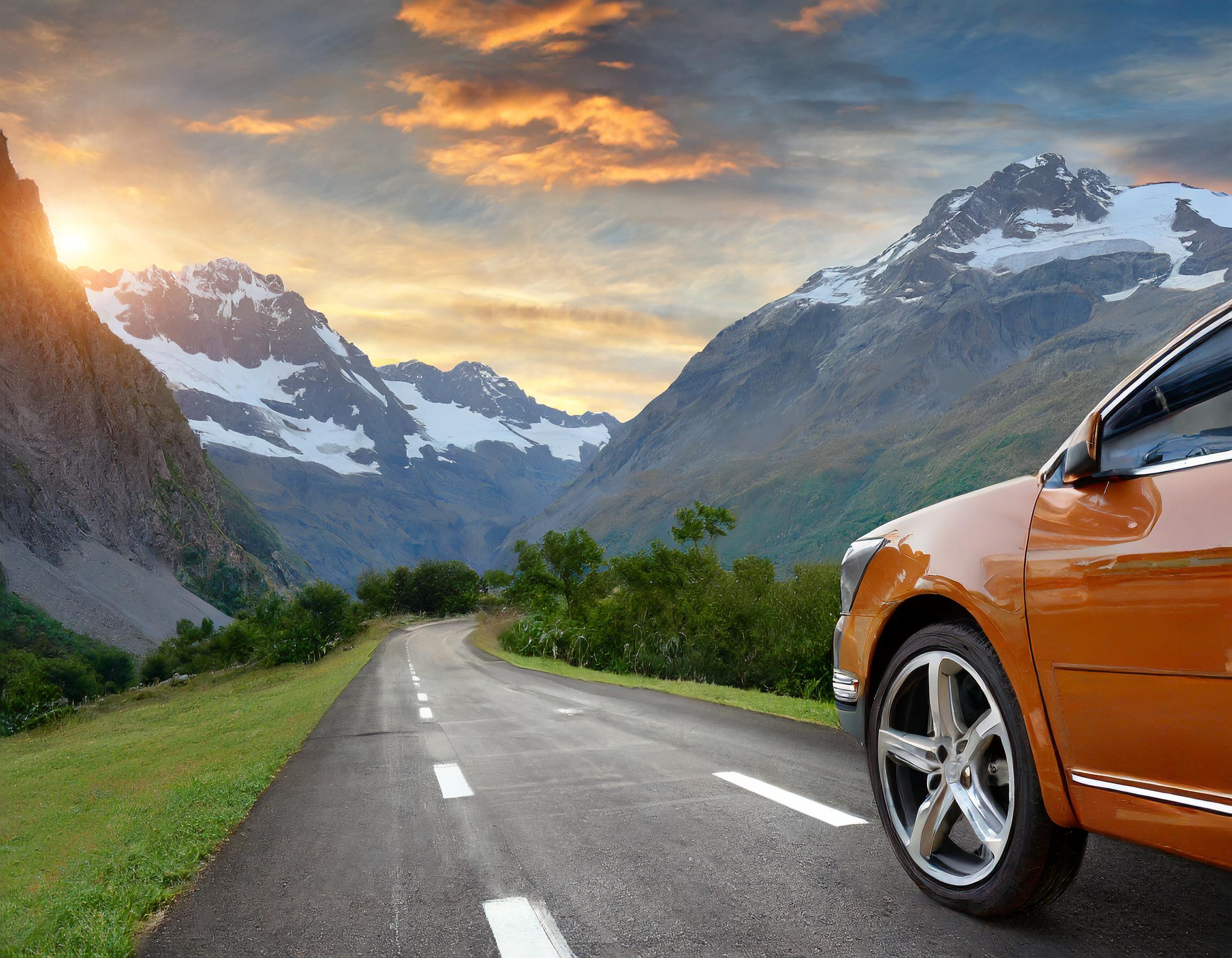 Sportwagen auf offener Straße bei Sonnenuntergang